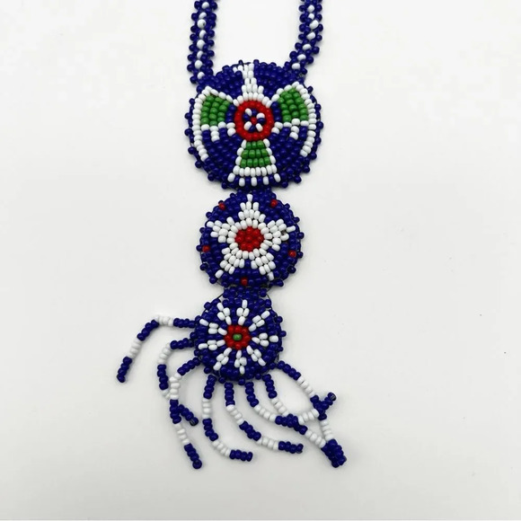 Vintage Handmade Blue Seed Bead Boho Necklace Dream catcher Hide Leather Back - Picture 8 of 8